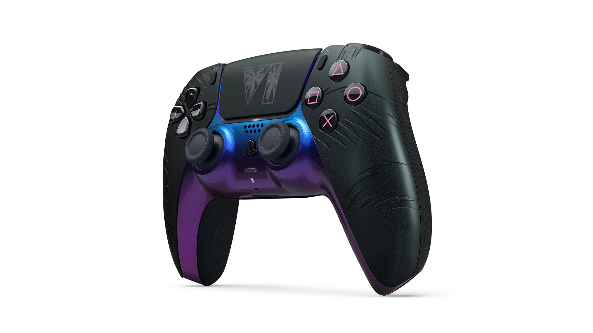 GTA 6 DualSense Black Limited Editionコントローラー、VIとヤシの木ロゴのアングル詳細