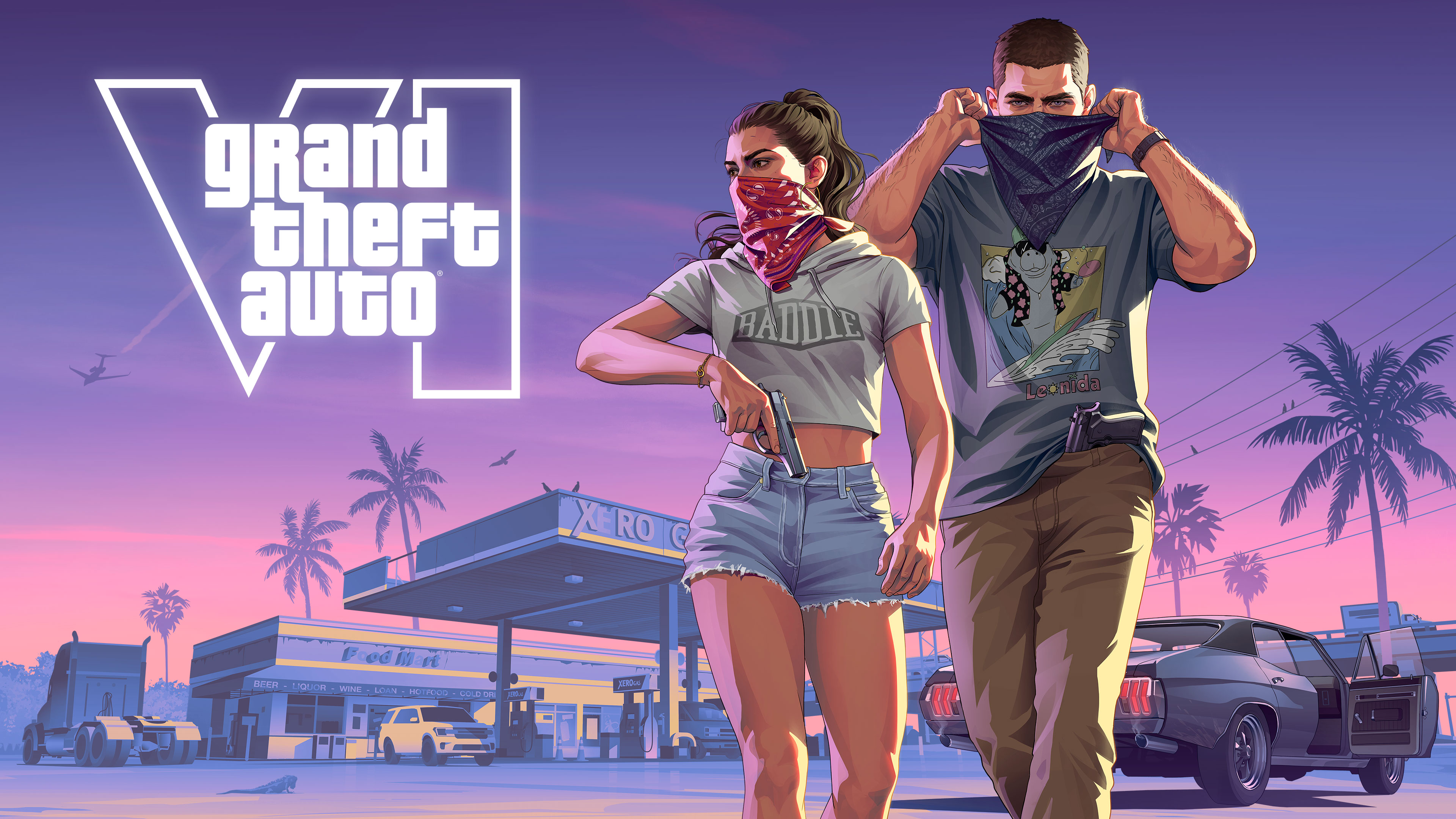 New official GTA 6 key art of Jason and Lucia mid-robbery at a gas station, released alongside the Netflix Extended Look announcement