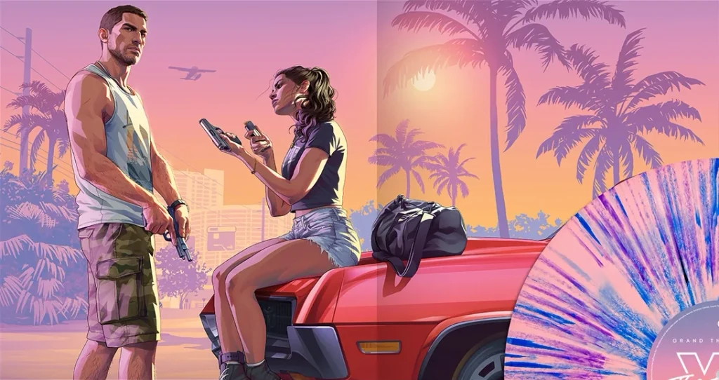 Grand Theft Auto VI: The Album の限定バイナルアートワーク。JasonとLuciaが描かれ、スプラッタ模様のレコード盤が見える