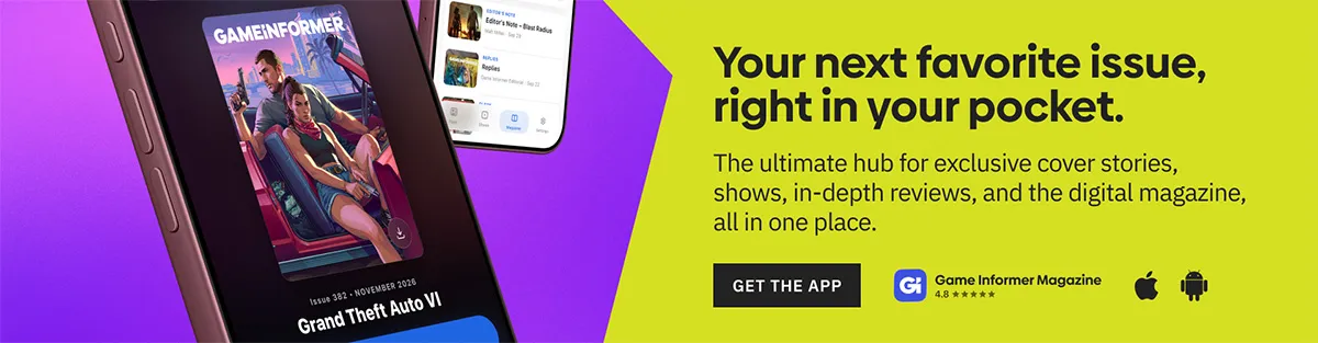 Bannière promotionnelle de l'application Game Informer présentant l'Issue 382 avec Grand Theft Auto VI sur un écran de smartphone