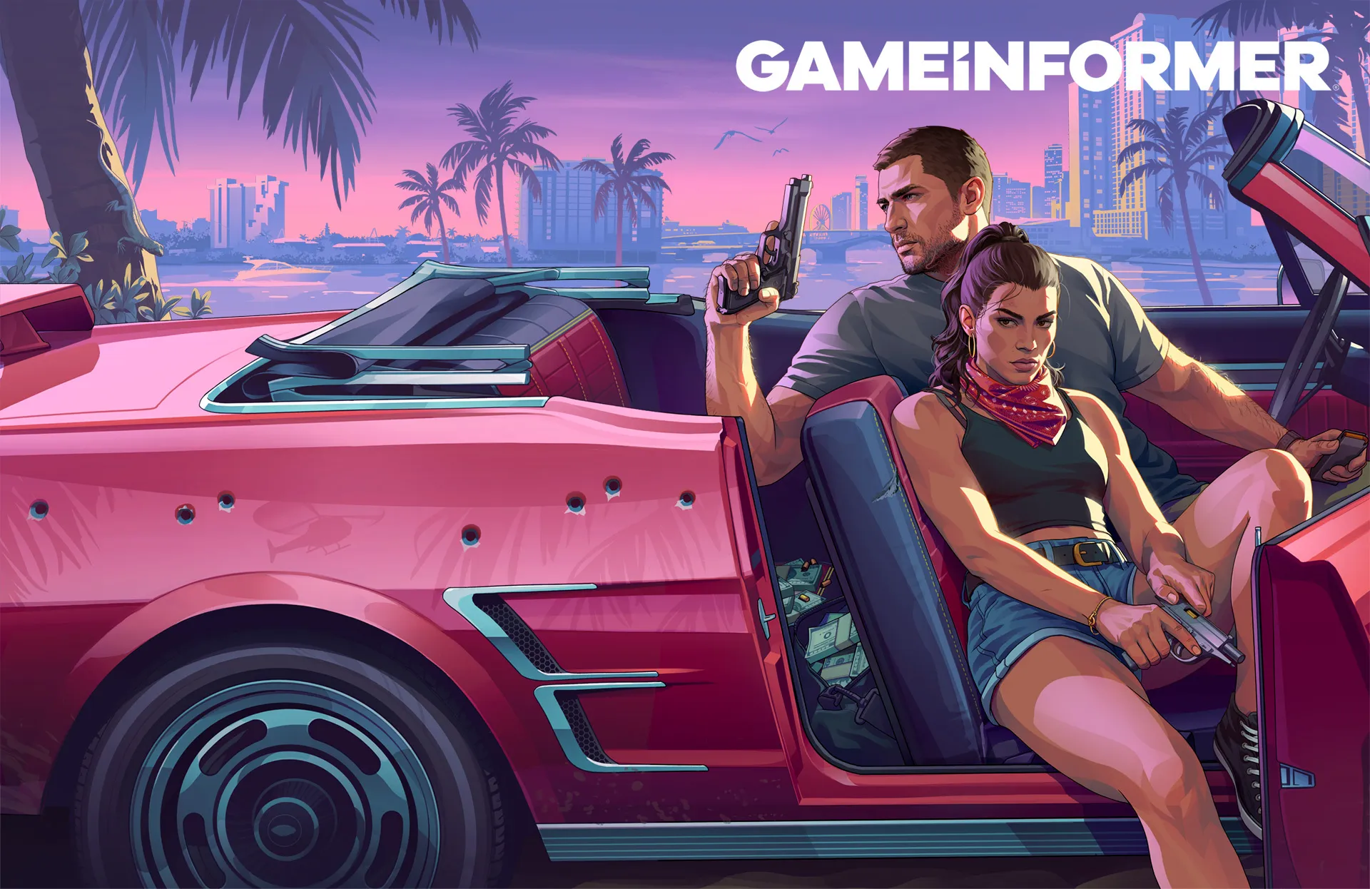 Couverture complète de Game Informer Issue 382, représentant Jason Duval et Lucia Caminos dans un cabriolet rose sur fond de skyline de Vice City