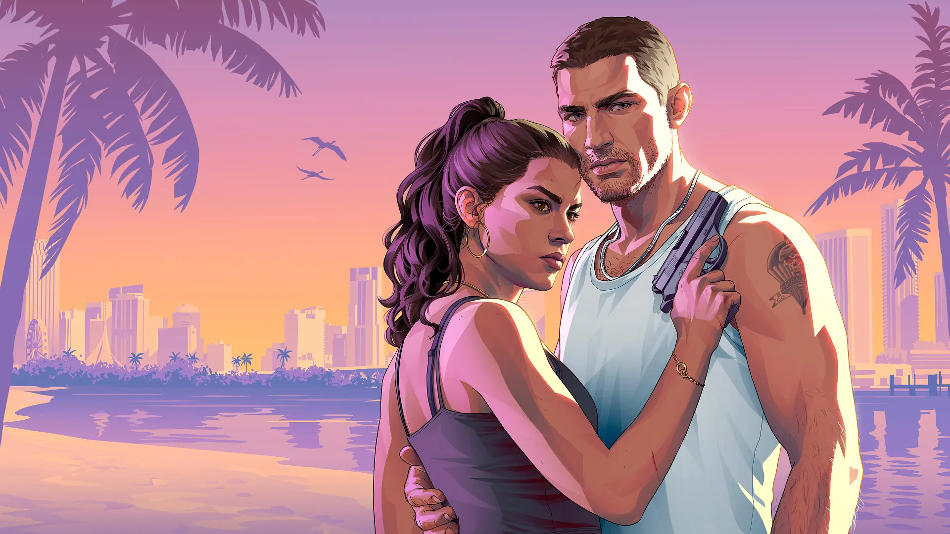 Illustration clé de Grand Theft Auto VI représentant Jason Duval et Lucia Caminos face au front de mer de Vice City au coucher du soleil