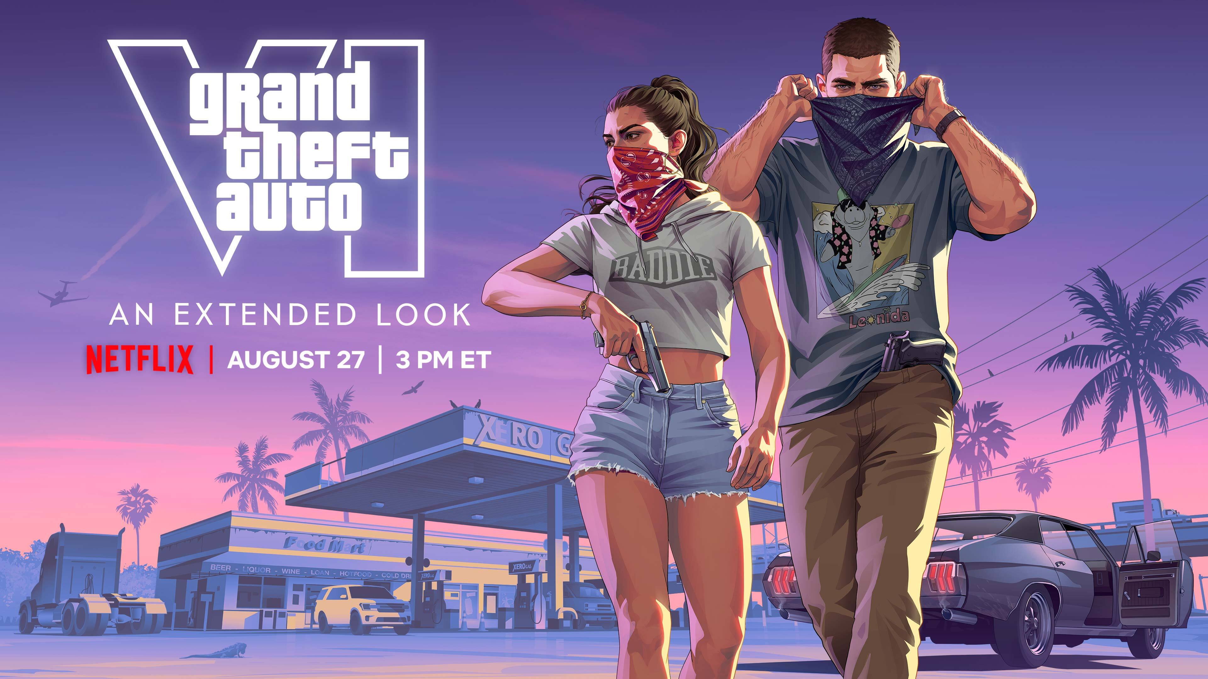 Official Rockstar Games announcement graphic for the Grand Theft Auto VI: An Extended Look Netflix premiere