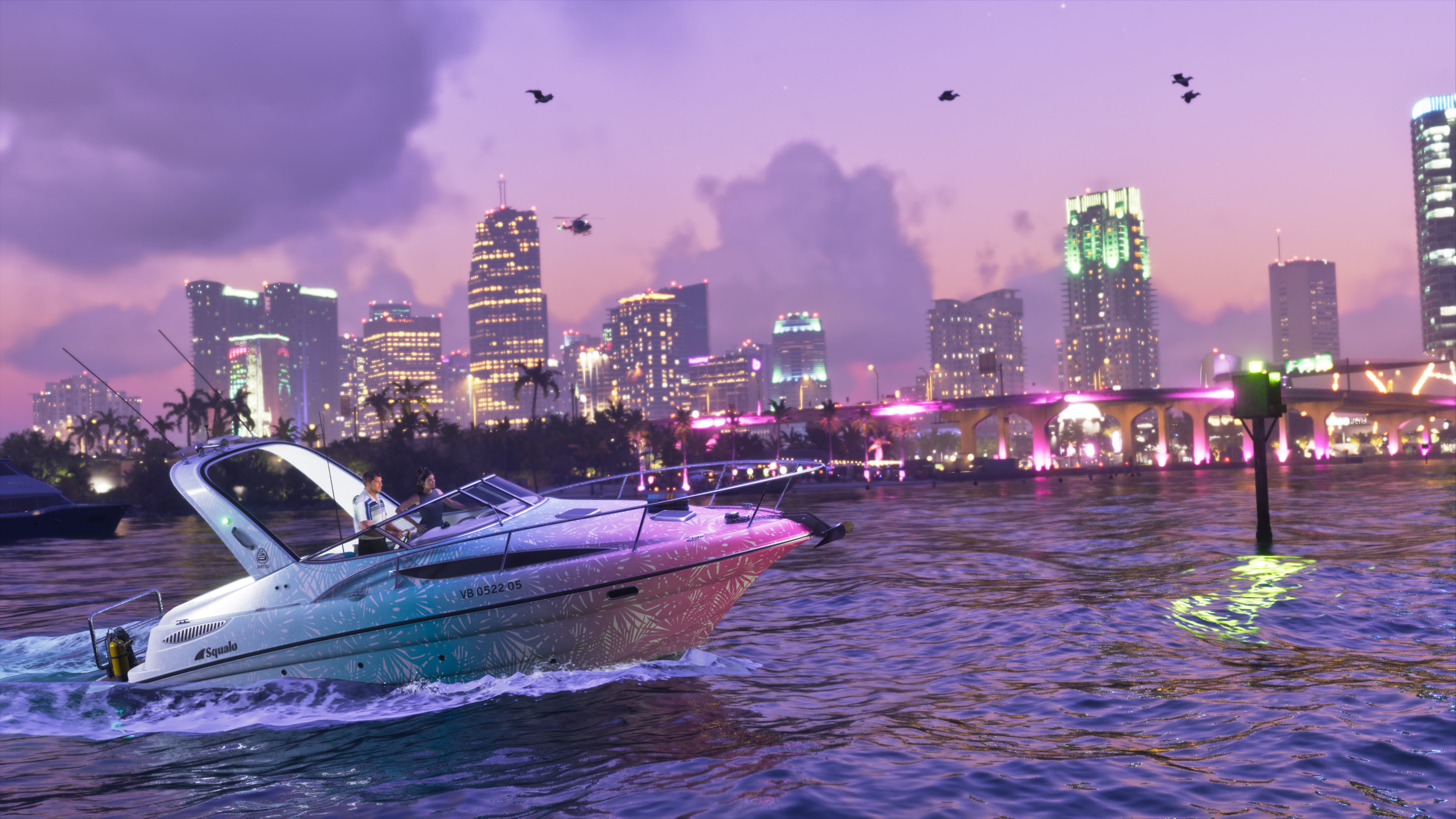 Shitzu Squalo cruising past the Vice City skyline at dusk, GTA VI Ultimate Edition